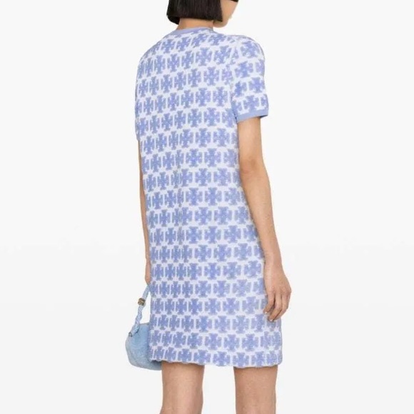 TORY BURCH Logo Bouclé T-Shirt Dress Blue Hydrangea/White short sleeve - Picture 7 of 7